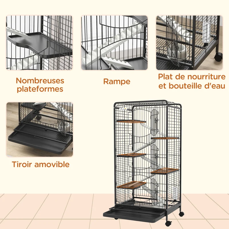 Cage pour petits animaux roulante 61.5 x 44 x 131 cm 5 rampes 5 plateformes bac amovible moderne épuré en métal noir 21_0007905