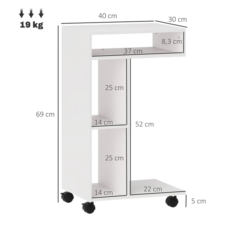 Table d'appoint en c 40 x 30 x 69 cm roulettes avec freins 3 compartiments épuré salon en panneau de particules blanc 21_0003469