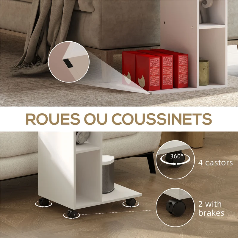 Table d'appoint en c 40 x 30 x 69 cm roulettes avec freins 3 compartiments épuré salon en panneau de particules blanc 21_0003469