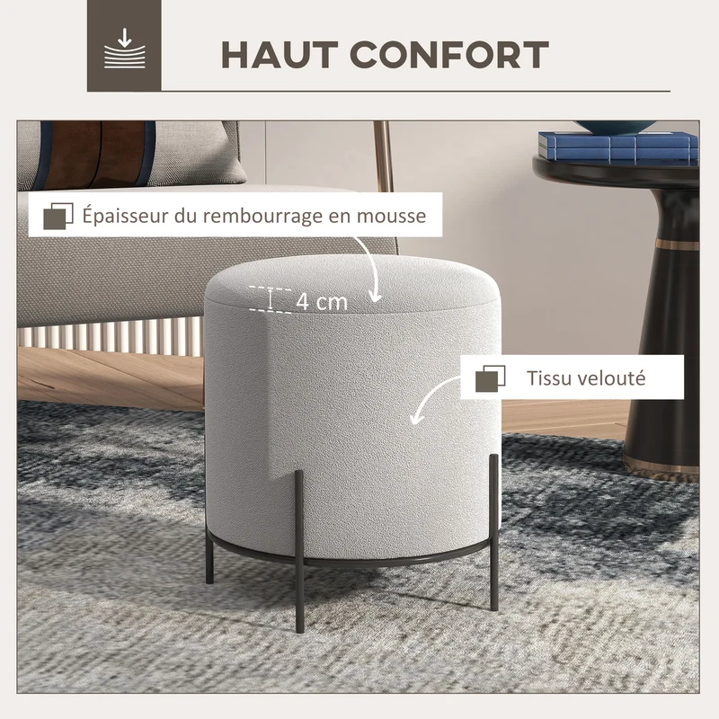 Pouf tabouret repose-pieds rond 35 x 38 cm assise rembourrée multifonction cosy moderne scandinave en velours gris clair 21_0002913