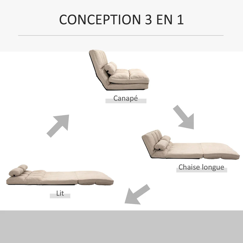 Chauffeuse convertible lit d'appoint 102 x 73 x 60 cm assise confortable dossier réglable tendance en polyester beige 21_0001825