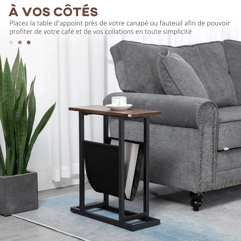 Table d'appoint bout de canapé 49 x 19 x 55 cm porte-revues et plateau rangement pratique design industriel en acier noir 21_0003097