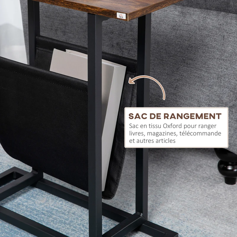 Table d'appoint bout de canapé 49 x 19 x 55 cm porte-revues et plateau rangement pratique design industriel en acier noir 21_0003097