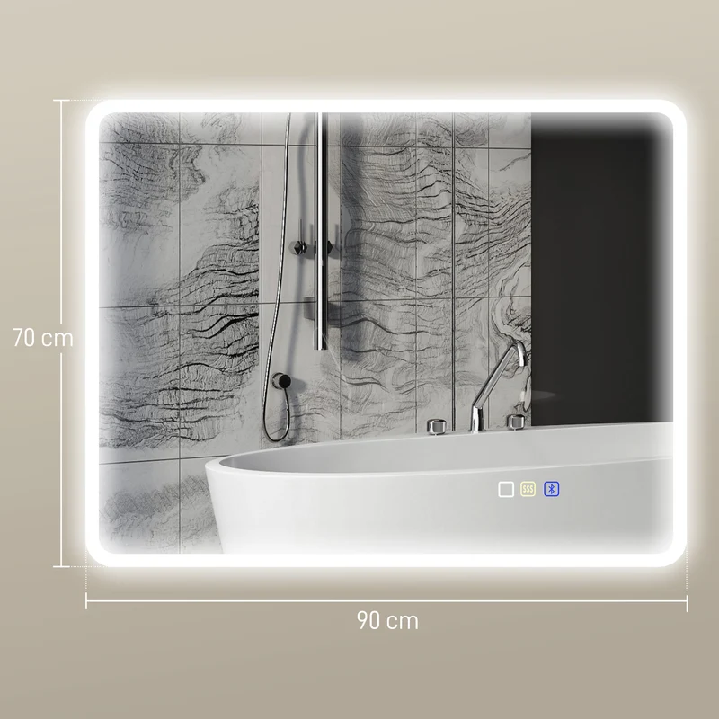 Miroir de salle de bain mural 90 x 70 x 3,5 cm éclairage à led réglable anti-buée tactile design en verre trempé argenté 21_0002091