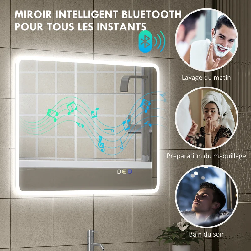 Miroir de salle de bain mural 90 x 70 x 3,5 cm éclairage à led réglable anti-buée tactile design en verre trempé argenté 21_0002091