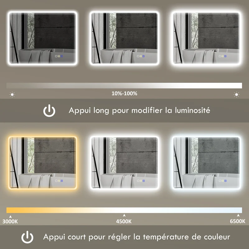 Miroir de salle de bain mural 90 x 70 x 3,5 cm éclairage à led réglable anti-buée tactile design en verre trempé argenté 21_0002091