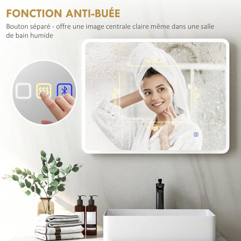 Miroir de salle de bain mural 90 x 70 x 3,5 cm éclairage à led réglable anti-buée tactile design en verre trempé argenté 21_0002091