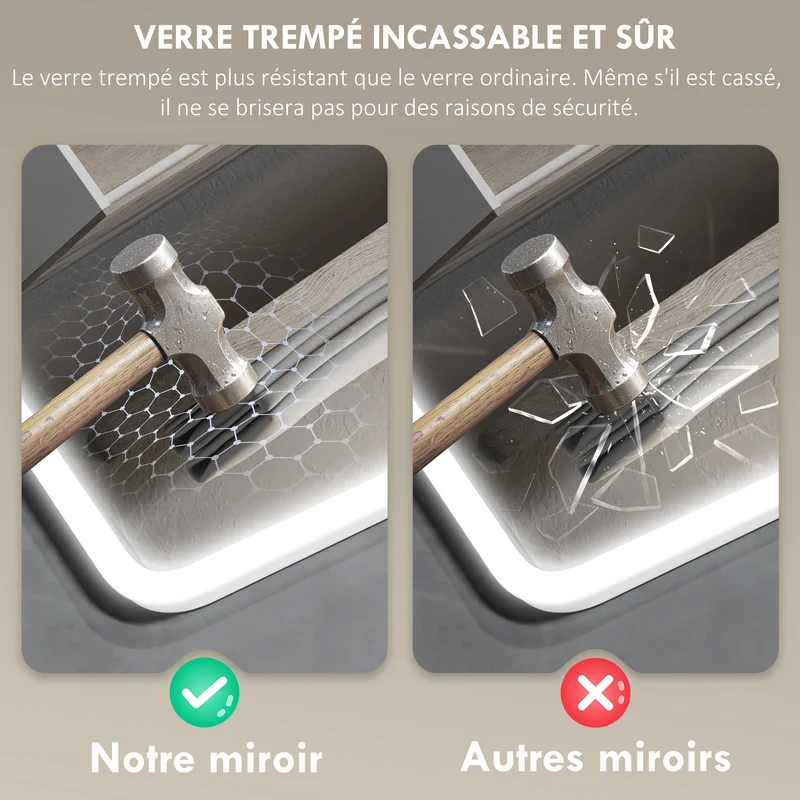 Miroir de salle de bain mural 90 x 70 x 3,5 cm éclairage à led réglable anti-buée tactile design en verre trempé argenté 21_0002091