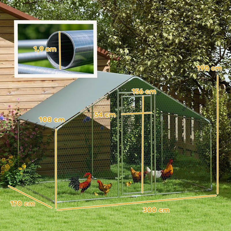 Enclos pour poules extérieur 300 x 170 x 190 cm protection étanche anti uv sécurisé design industriel en métal argent 21_0007990