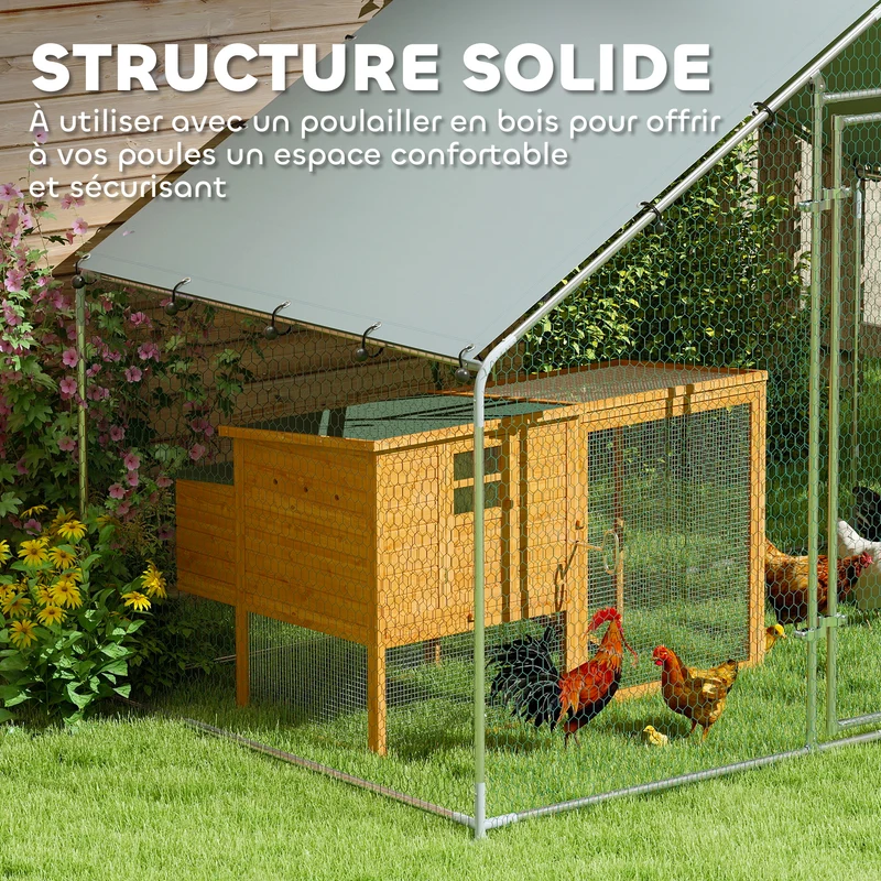 Enclos pour poules extérieur 300 x 170 x 190 cm protection étanche anti uv sécurisé design industriel en métal argent 21_0007990