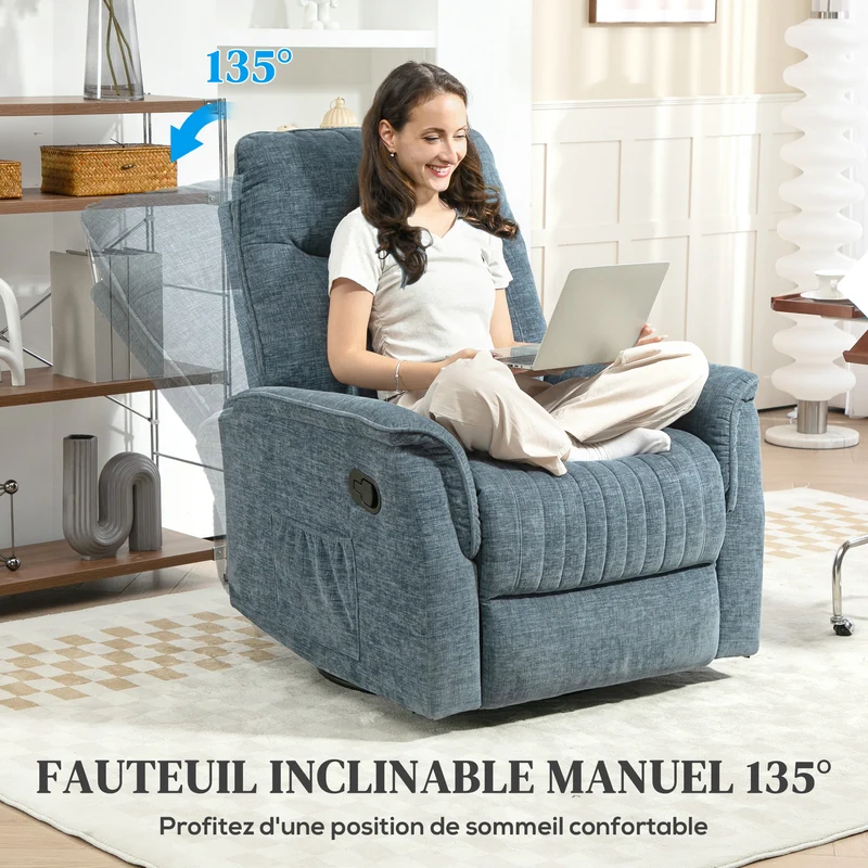 Fauteuil inclinable salon pivotant 84 x 93 x 104 cm inclinaison 135° repose-pieds contemporain cosy en polyester bleu 21_0003427