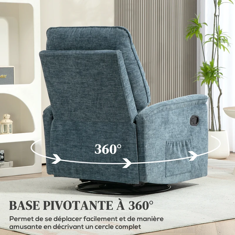 Fauteuil inclinable salon pivotant 84 x 93 x 104 cm inclinaison 135° repose-pieds contemporain cosy en polyester bleu 21_0003427