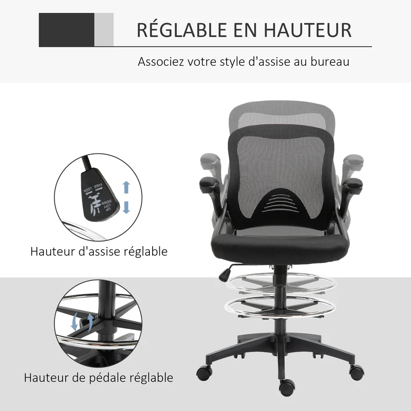 Lot de 2 fauteuils de bureau assise haute réglable 64 x 60 x 106-126 cm ergonomique design contemporain en maille noir 21_0006343