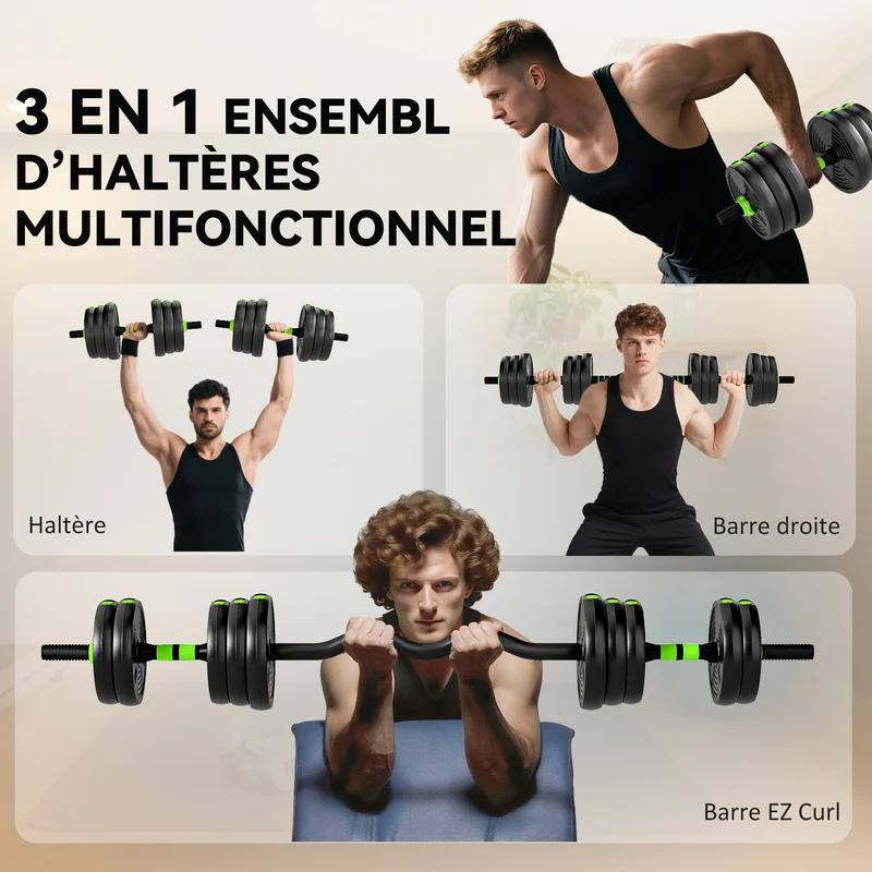 Ensemble d'haltères 3 en 1 transformable 140 x 20 x 20 cm poids réglable prise antidérapante compact moderne en PVC vert 21_0006874