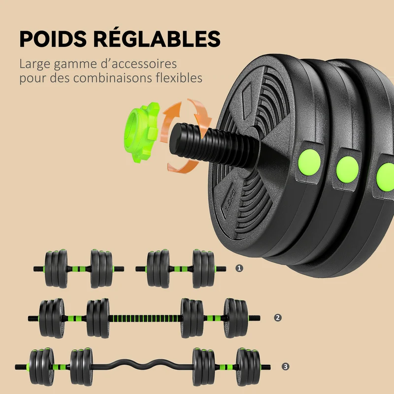 Ensemble d'haltères 3 en 1 transformable 140 x 20 x 20 cm poids réglable prise antidérapante compact moderne en PVC vert 21_0006874