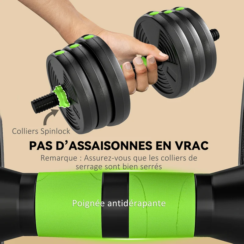 Ensemble d'haltères 3 en 1 transformable 140 x 20 x 20 cm poids réglable prise antidérapante compact moderne en PVC vert 21_0006874
