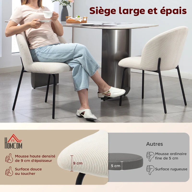 Lot de 2 chaises de salle à manger 56 x 58 x 78 cm assise rembourrée dossier incurvé scandinave en velours côtelé crème 21_0003344