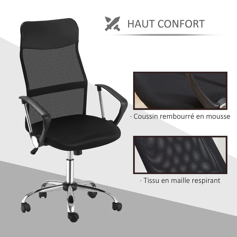Fauteuil de bureau ergonomique 63 x 65 x 119 cm assise réglable grand confort design contemporain en tissu maille noir 21_0006442