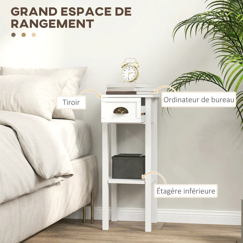 Lot de 2 tables d'appoint étroites chevet 30 x 30 x 75 cm tiroir et étagère salon entrée style contemporain en MDF blanc 21_0002836