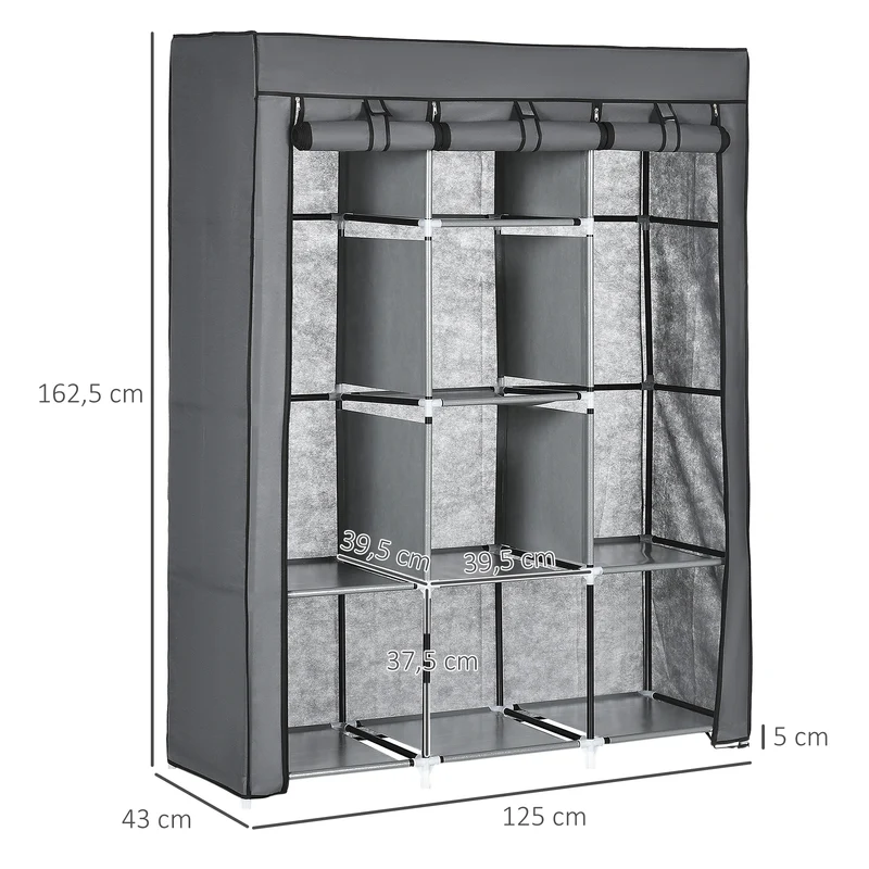 Armoire penderie chambre 125 x 43 x 162,5 cm avec tige gain de place protection poussière design épuré en non tissé gris 21_0005815
