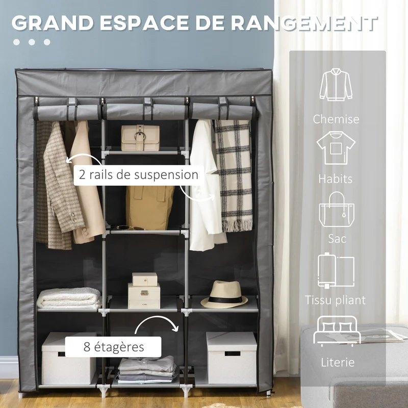 Armoire penderie chambre 125 x 43 x 162,5 cm avec tige gain de place protection poussière design épuré en non tissé gris 21_0005815