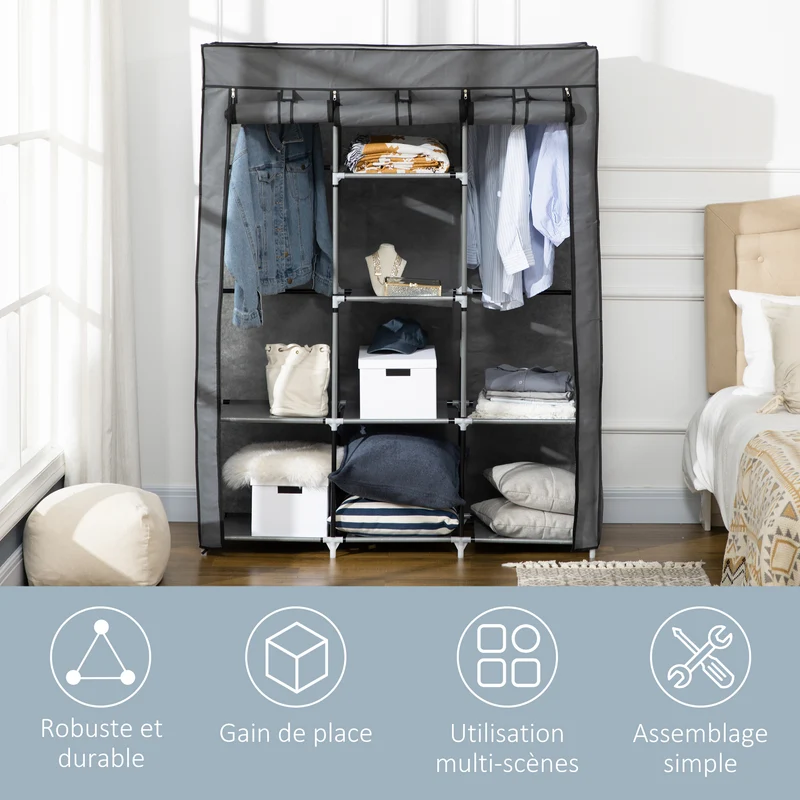 Armoire penderie chambre 125 x 43 x 162,5 cm avec tige gain de place protection poussière design épuré en non tissé gris 21_0005815