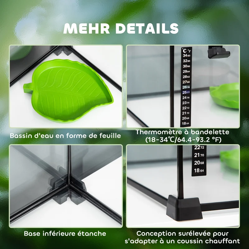 Boîte à reptiles terrarium 50 x 30 x 35 cm ventilation optimale thermomètre inclus moderne épuré en verre trempé noir 21_0007829