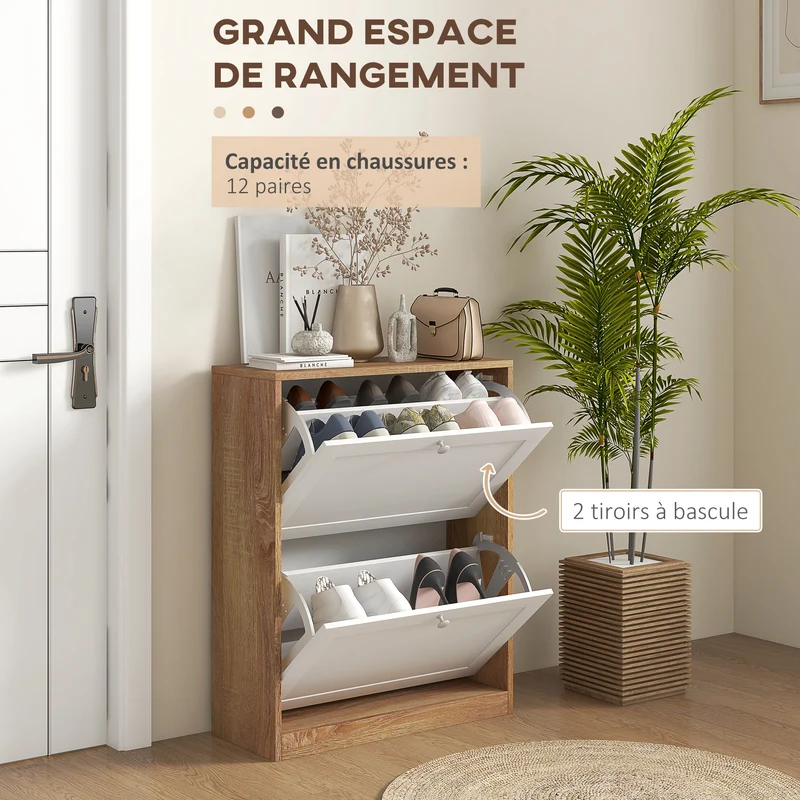 Meuble à chaussures compact entrée 60 x 24,5 x 75,5 cm 12 paires étagères réglables sécurité design épuré en MDF blanc 21_0002686