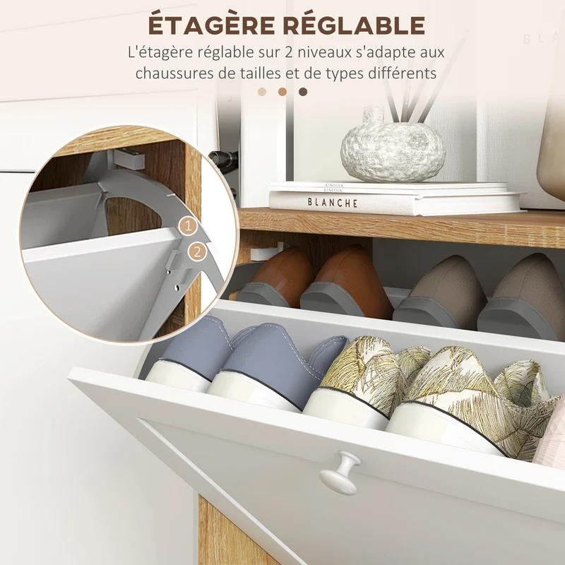 Meuble à chaussures compact entrée 60 x 24,5 x 75,5 cm 12 paires étagères réglables sécurité design épuré en MDF blanc 21_0002686