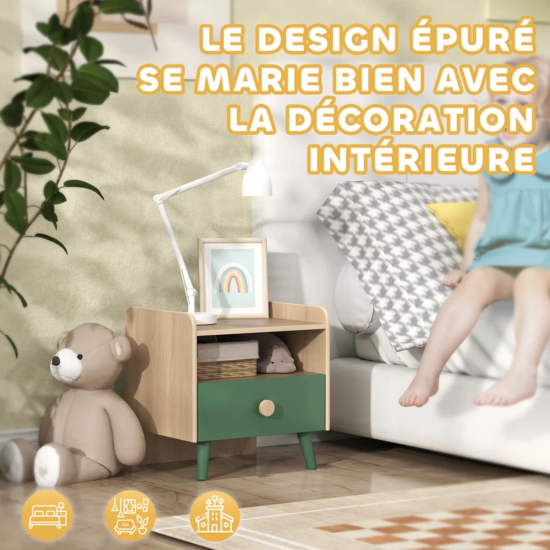 Lot de 2 tables de chevet enfant 40 x 32,5 x 40 cm rangement tiroir et niche nettoyable scandinave épuré en MDF vert 21_0000259