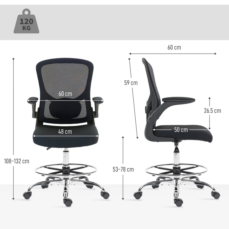 Chaise de bureau atelier ergonomique 60 x 60 x 108-132 cm soutien lombaire accoudoirs relevables moderne en maille noir 21_0006321