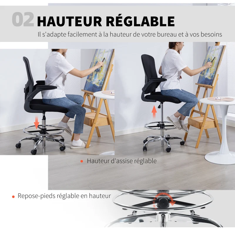 Chaise de bureau atelier ergonomique 60 x 60 x 108-132 cm soutien lombaire accoudoirs relevables moderne en maille noir 21_0006321