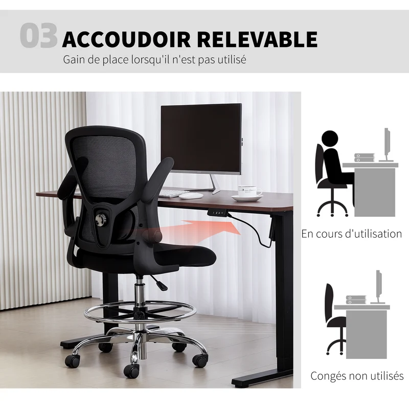 Chaise de bureau atelier ergonomique 60 x 60 x 108-132 cm soutien lombaire accoudoirs relevables moderne en maille noir 21_0006321