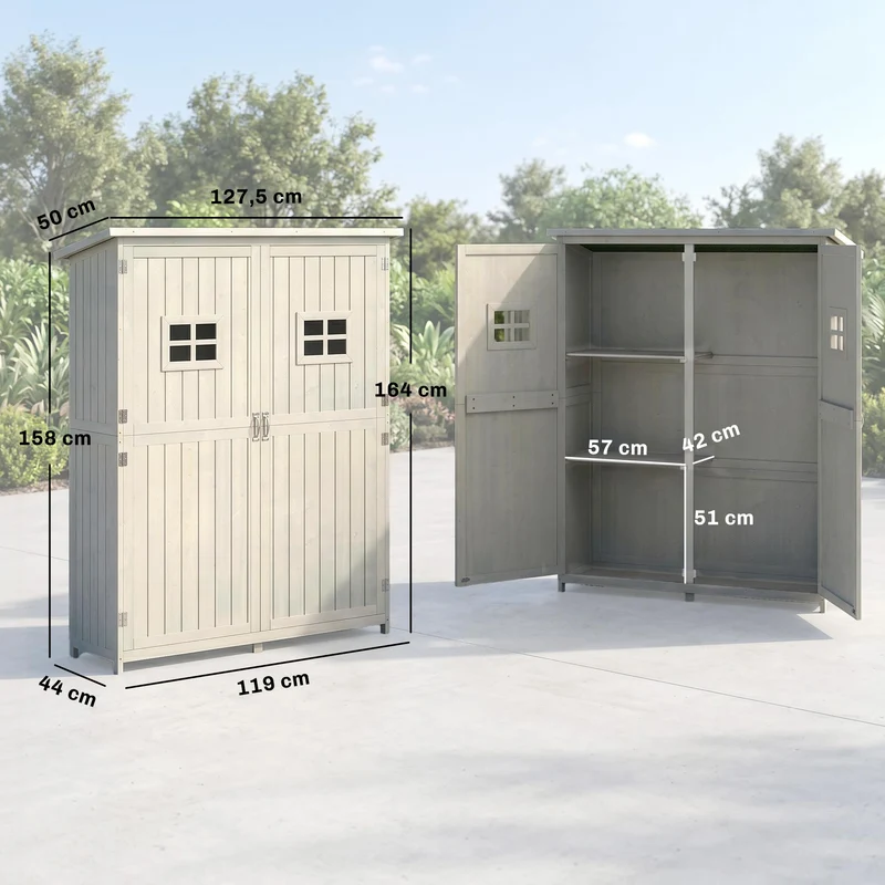 Armoire de jardin extérieure 127.5 x 50 x 164 cm étanche toit incliné protection uv style scandinave épuré en bois gris 21_0004089