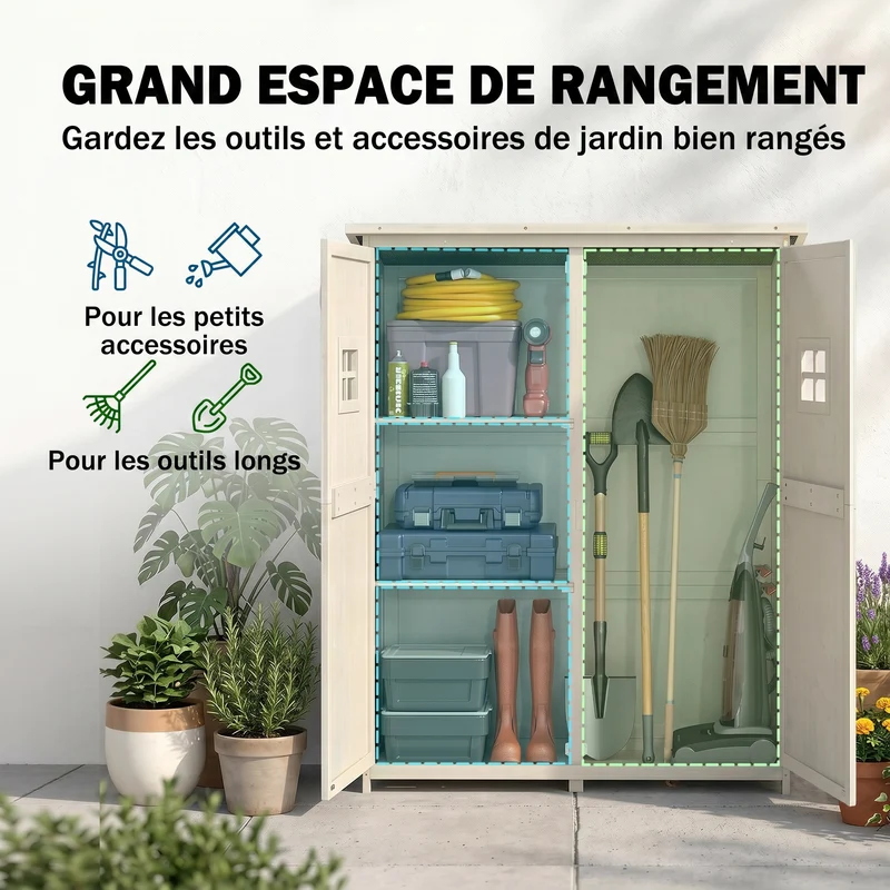 Armoire de jardin extérieure 127.5 x 50 x 164 cm étanche toit incliné protection uv style scandinave épuré en bois gris 21_0004089