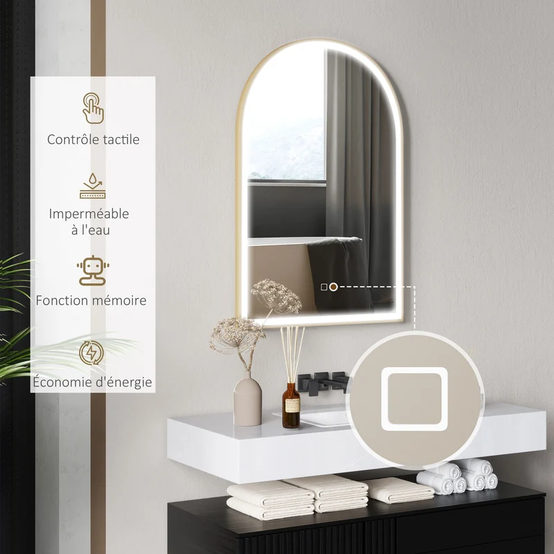 Miroir salle de bain mural arqué 90 x 3 x 60 cm éclairage led réglable anti-buée ip44 moderne épuré en verre trempé doré 21_0002055