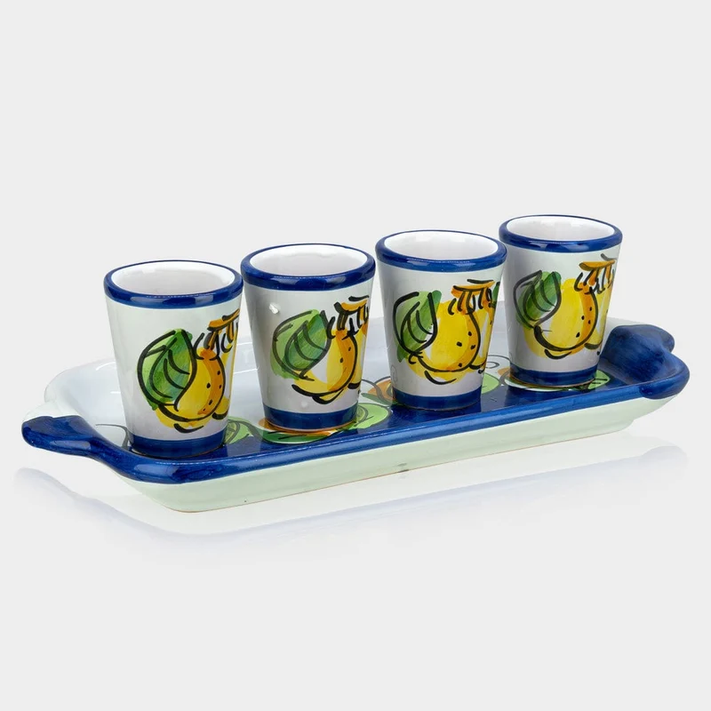 Limoncello Ceramic Glasses and Ceramic Tray Hand-Painted Set of 4: Artisan Limoncello Glass Set