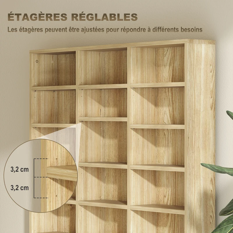 Étagère de rangement cd et dvd 102 x 24 x 195 cm capacité 36 compartiments réglables contemporain stable en MDF chêne 21_0002379