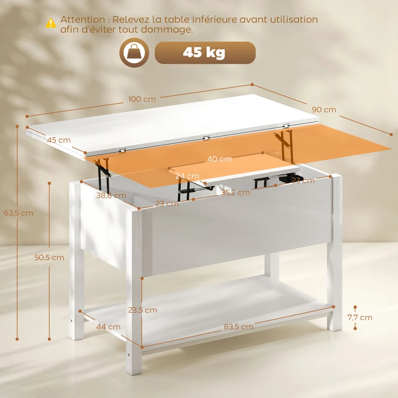 Table basse relevable extensible salon 100 x 45 x 50,5 cm rangement caché mécanisme silencieux moderne cosy en MDF blanc 21_0003594