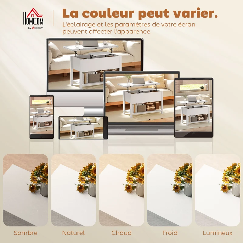 Table basse relevable extensible salon 100 x 45 x 50,5 cm rangement caché mécanisme silencieux moderne cosy en MDF blanc 21_0003594