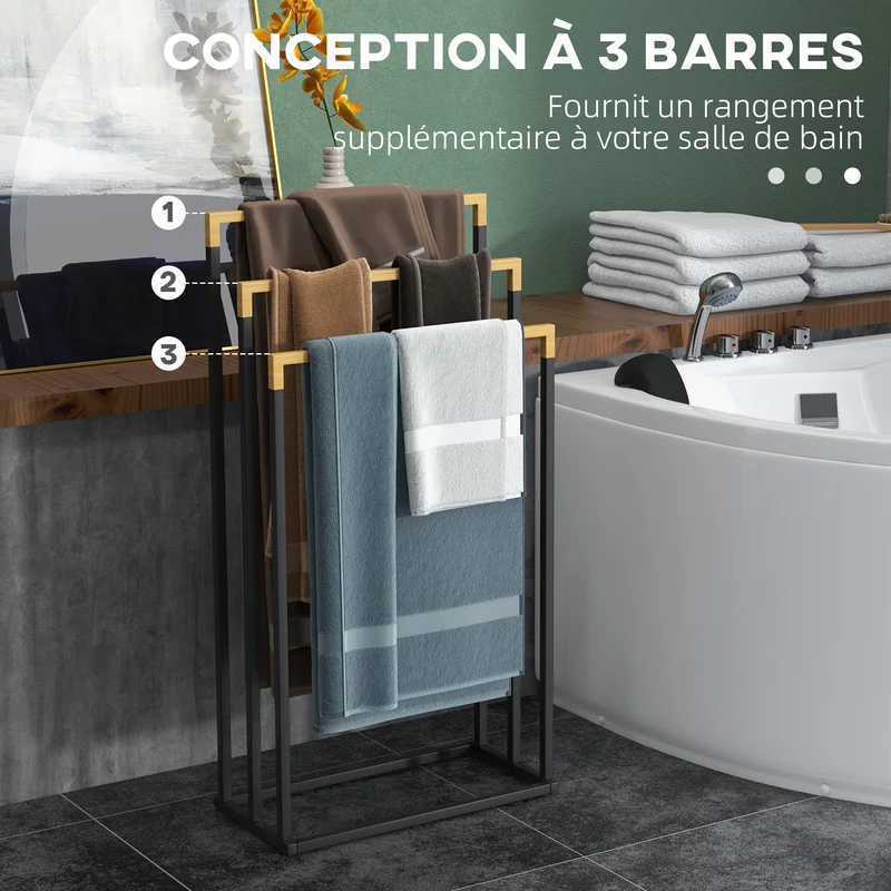 Porteserviettes autoportant 3 barres salle de bain 45 x 22.5 x 86 cm compact séchage rapide scandinave en bambou naturel 21_0005843