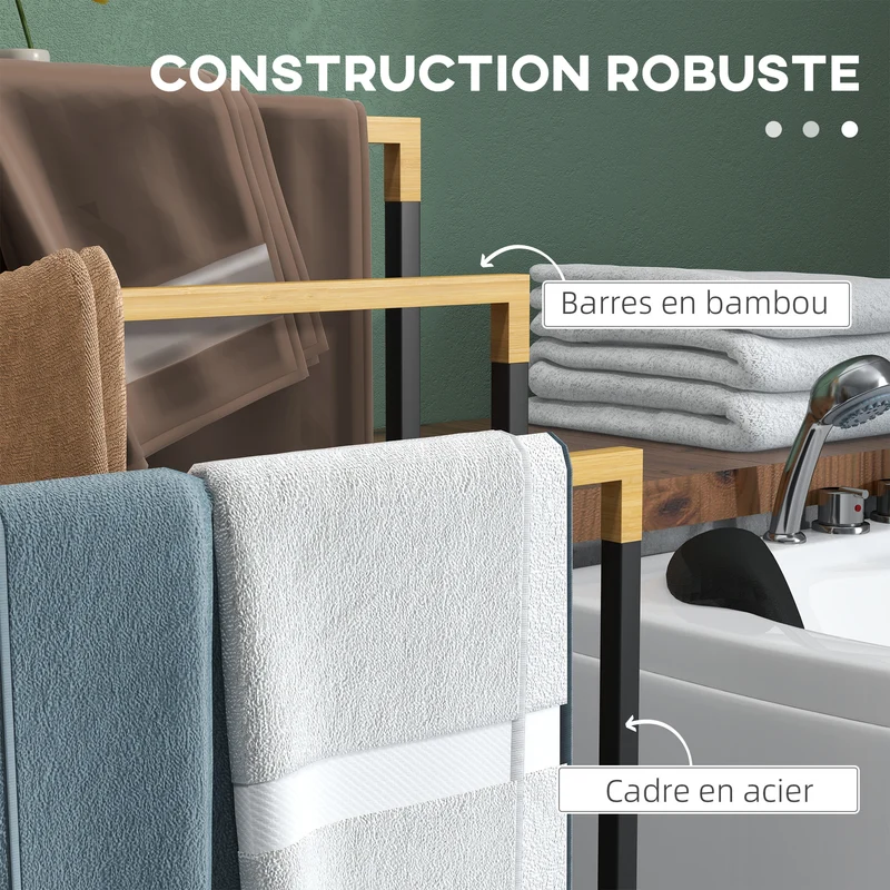 Porteserviettes autoportant 3 barres salle de bain 45 x 22.5 x 86 cm compact séchage rapide scandinave en bambou naturel 21_0005843