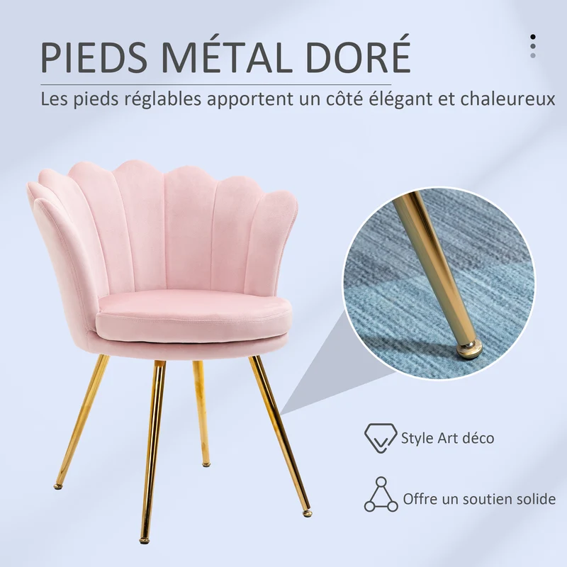 Fauteuil coquillage 67 x 64 x 77 cm assise 9 cm cocooning élégant style classique pieds dorés en polyester rose poudré 21_0003018