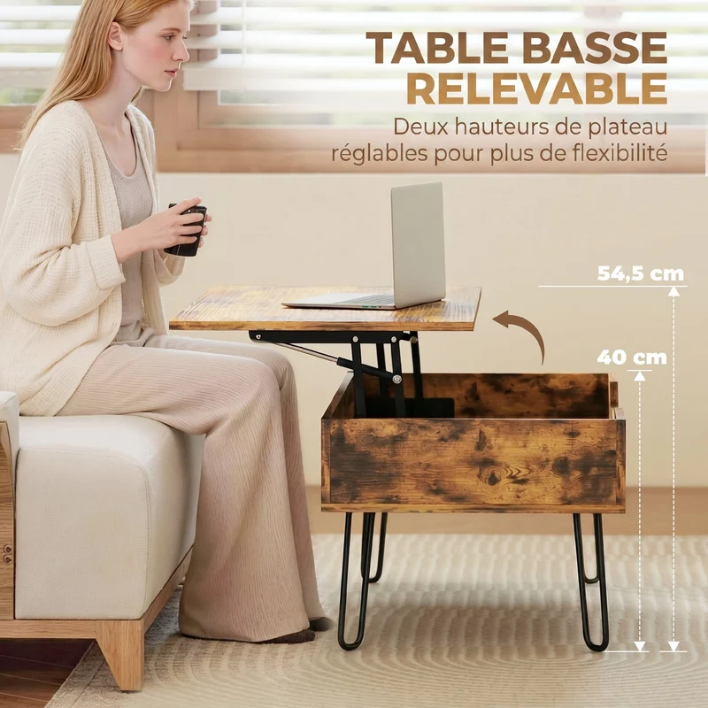 Table basse rectangulaire salon relevable 95 x 50 x 40 cm rangement caché hauteur réglable industriel épuré en MDF marron 21_0003663