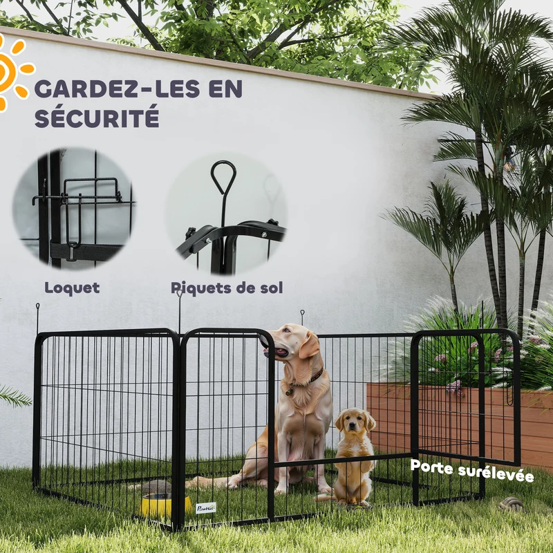 Parc de mise bas pour chien 122 x 122 x 60 cm tapis lavable et porte d'accès avec piquets moderne épuré en acier noir 21_0007474