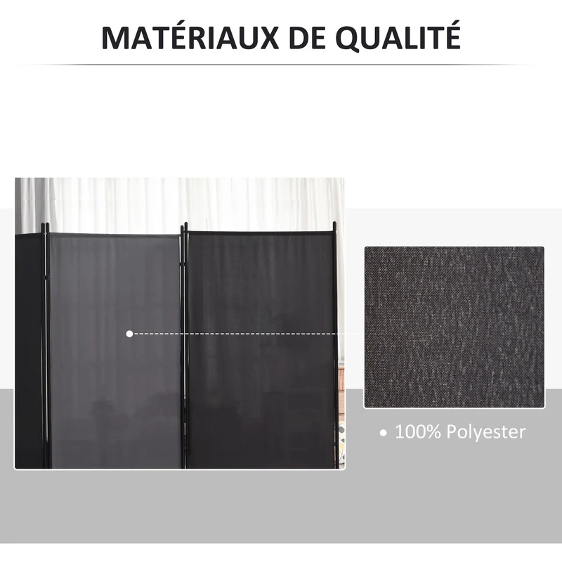 Paravent 3 panneaux séparateur 253 x 50 x 182 cm occultant autoporté contemporain haute densité en polyester gris foncé 21_0001222