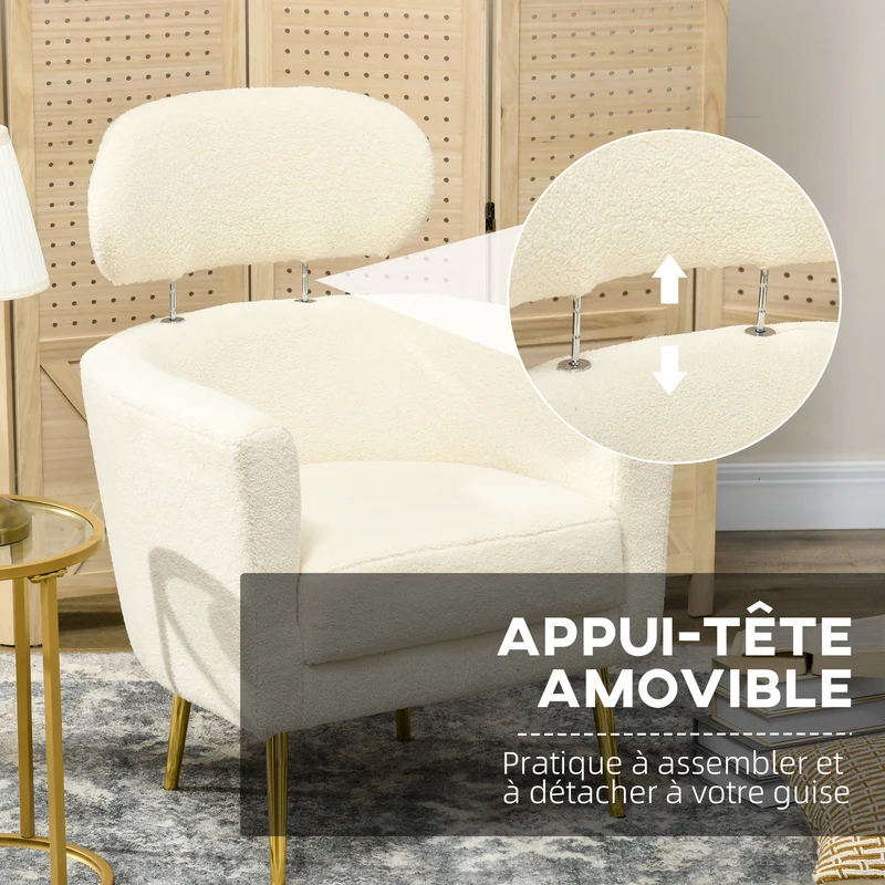 Fauteuil crapaud salon 71 x 65 x 90 cm assise large appuie-tête amovible scandinave contemporain en polyester crème 21_0003151