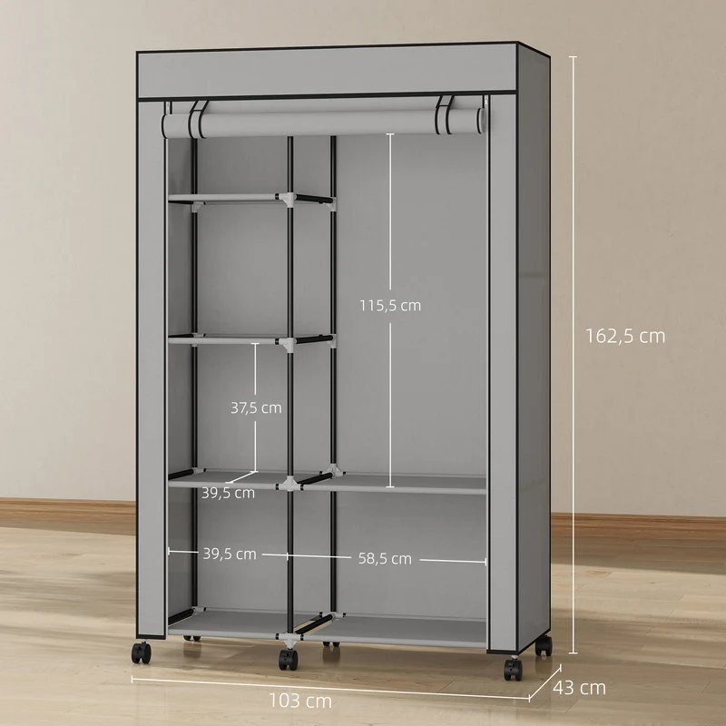 Armoire penderie compacte 103 x 43 x 162.5 cm rangement suspendu étagères pratiques épuré en tissu non tissé gris clair 21_0005826