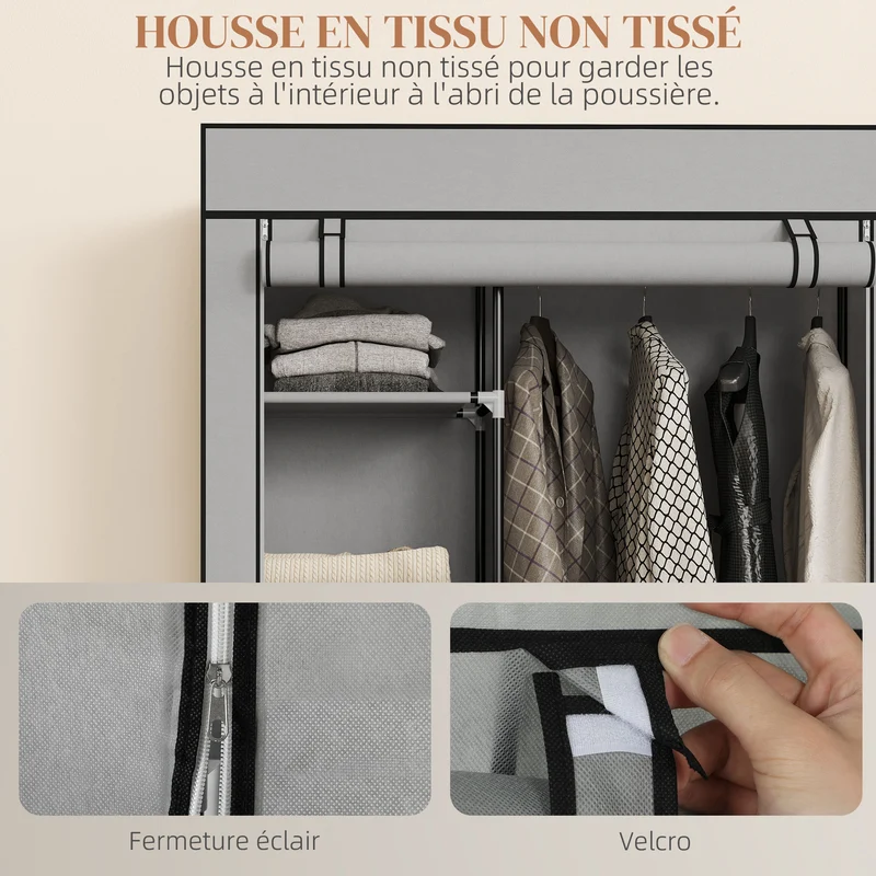 Armoire penderie compacte 103 x 43 x 162.5 cm rangement suspendu étagères pratiques épuré en tissu non tissé gris clair 21_0005826