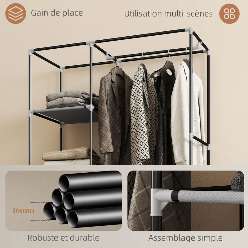 Armoire penderie compacte 103 x 43 x 162.5 cm rangement suspendu étagères pratiques épuré en tissu non tissé gris clair 21_0005826